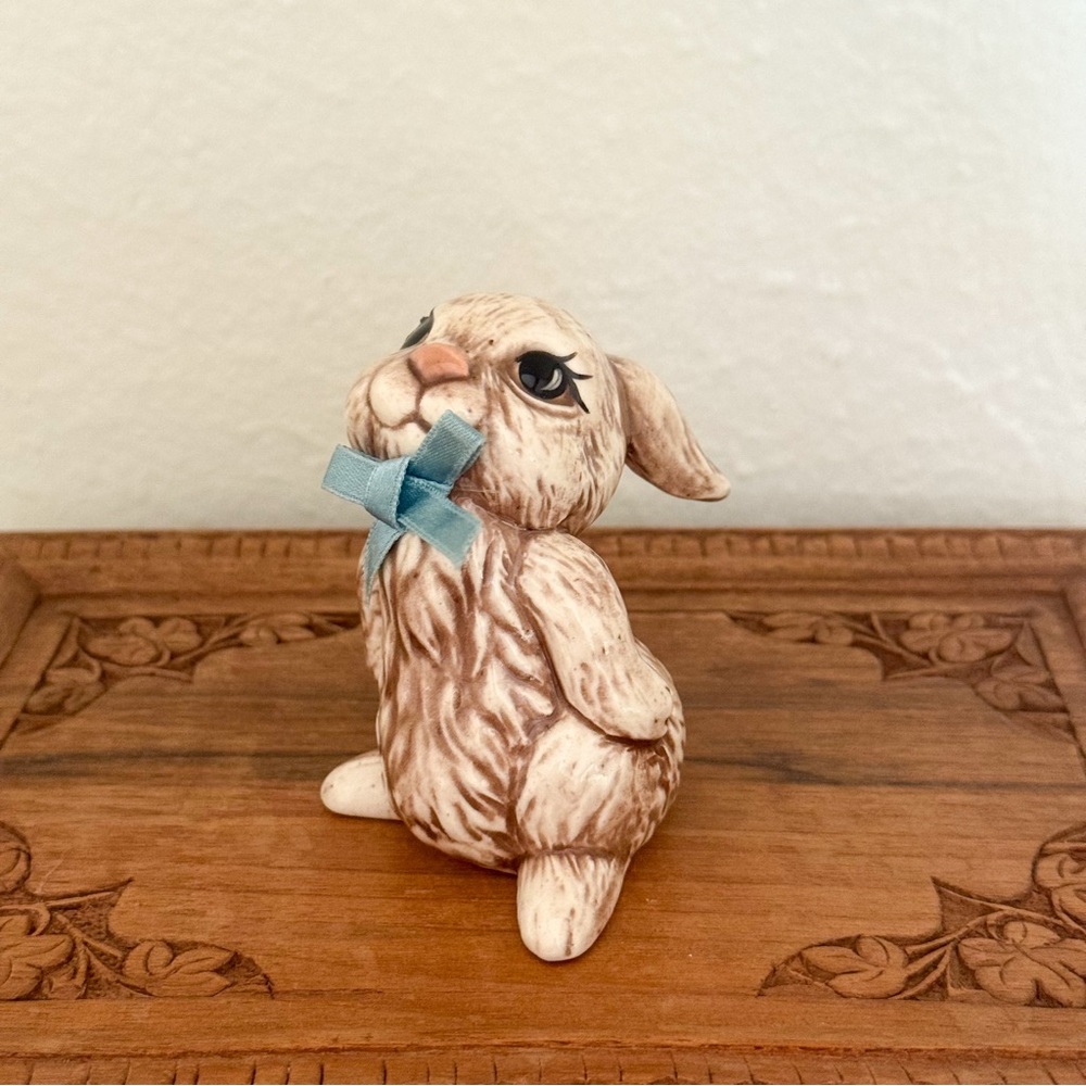 Vintage Decor Ceramic Bunny Rabbit Figurine Blue Bow Big Eyes Cottage Kitsch 3"